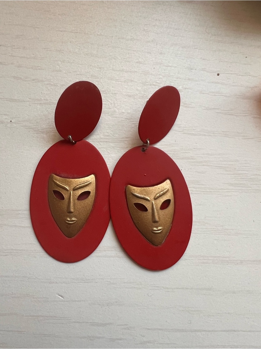 Red Vintage Mask Motif Drop Earrings